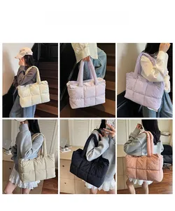 Collage of quilted puffer tote bags showing five colors on models in daily scenes