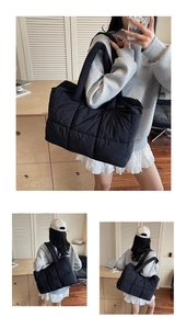 Three views of a black quilted puffer tote bag shown on a model in a minimalist room
