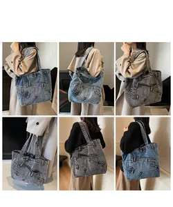 Retro denim tote bag shown on models in blue and grey wash styles for casual styling