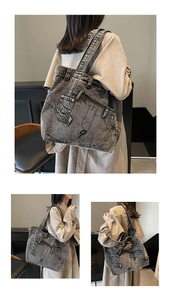 Close-up of retro washed denim tote bag featuring authentic metal buttons and pockets