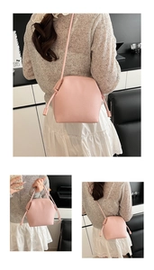 Detailed views of a pink lychee grain crossbody bag featuring drawstring side knots