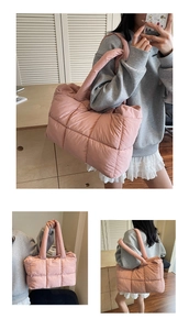Pink quilted down tote bag with padded straps shown in various lifestyle poses