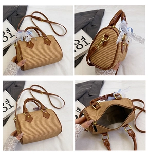 Vues détaillées du sac cylindrique en paille beige avec finitions cuir brun et nœud