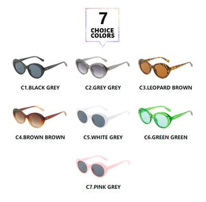 Detailed grid of oval vintage sunglasses showing seven different fashionable frame colors