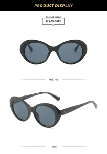 Detailed front and side view of oval black frame sunglasses with grey lenses