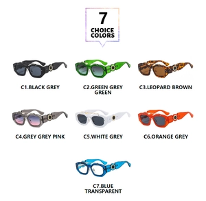 Detail view of seven color variants for rectangle punk sunglasses with gold ring accents