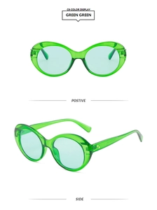 Macro detail of translucent green oval sunglasses showing metal hinges and frame texture