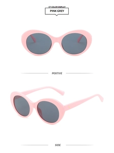 Detailed front and side views of pink oval sunglasses with grey lenses and gold accents