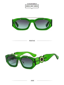 Detail of green square sunglasses featuring gold circular metal hinges and frame specs