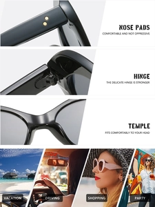 Detail shots of oval sunglasses showing nose pads, hinges, and ergonomic temples