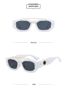 Detail of white square frame sunglasses with gold top bar and side metallic accents