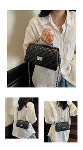 Quilted black crossbody bag with silver lock and chain strap shown on model and different angles