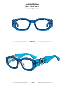 Blue transparent square sunglasses with modern geometric frame and gold temple accents