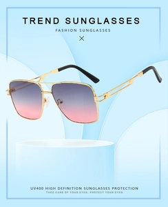 Detail of pink gradient lenses and gold metal frame of these square pilot sunglasses