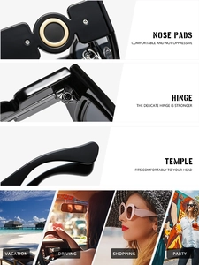 Detail of square sunglasses showing metal ring nose pads, durable hinges and wide temples