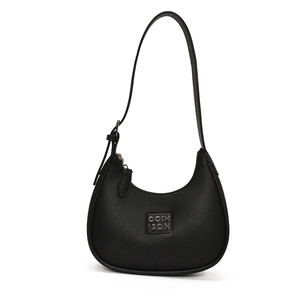 Minimalist black litchi pattern leather crescent shoulder bag with adjustable strap