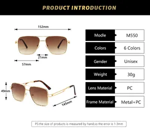 Detailed size chart for square double-bridge sunglasses showing dimensions and materials