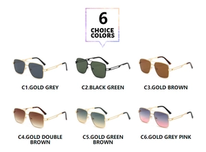 Matrix showing six color options for double-bridge square metal frame sunglasses