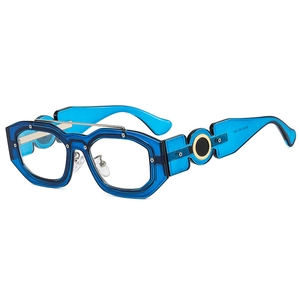 Modern punk square sunglasses with blue transparent frames and metal detail on temples
