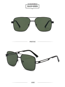 Detail view of square black metal sunglasses with dark green lenses and hollow temples