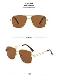 Detail view of gold aviator sunglasses with brown lenses and hollow geometric temples