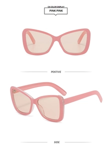 Details einer rosa Schmetterling-Sonnenbrille mit getönten Gläsern und Hochglanzrahmen
