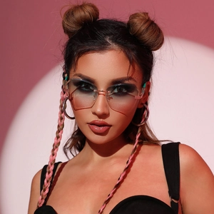 Fashionable rimless gradient sunglasses for women featuring a woven braided neck strap