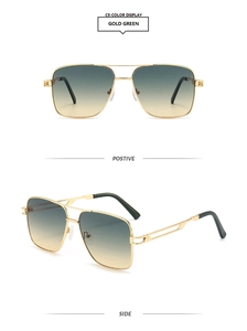 Front and side view of gold square pilot sunglasses with gradient green lenses