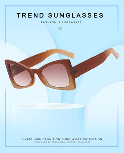Detail view of tortoiseshell geometric frame sunglasses with UV400 gradient lenses
