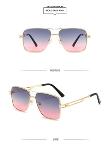 Detailed views of gold pilot sunglasses with double bridge and grey-pink gradient lenses