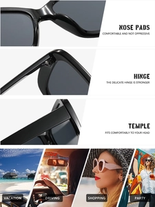 Details mit bequemen Nasenpads, verstärkten Scharnieren und Bügeln der quadratischen Sonnenbrille