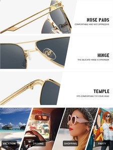 Detailed close-up of fashion square sunglasses featuring golden metal frames and durable hinges