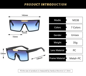 Tableau des tailles détaillé des lunettes de soleil carrées avec verres bleu dégradé