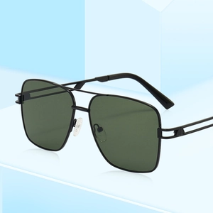 Fashion double bridge aviator sunglasses with black metal frame and dark green lenses