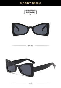 Front and side 45-degree macro views of black butterfly-frame sunglasses with grey lenses
