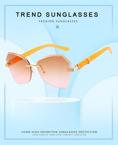 Detail of rimless sunglasses with UV400 protection and gradient lenses on pedestal