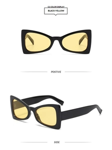 Detailed views of irregular black frames with high-transparency yellow lenses sunglasses