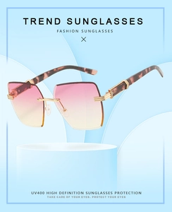 Close-up of frameless sunglasses with gradient lenses and tortoise texture temples