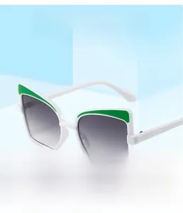 Detail of white cat-eye sunglasses with green contrast accents on a 3D geometric stand