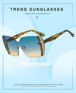 Detail of gradient blue-yellow lenses and leopard print temples on chic oversized sunglasses