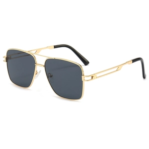 Fashion double bridge square aviator sunglasses with gold metal frame and dark grey lenses