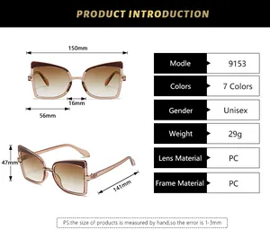 Detailed sizing chart and specifications for oversized cat-eye sunglasses with PC frames