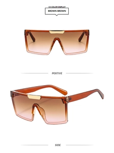 Vue détaillée des lunettes de soleil carrées marron dégradé avec pont doré chic