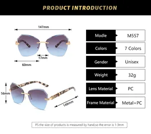 Detailed size specifications for M557 rimless sunglasses with metal frame dimensions