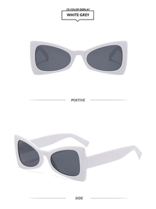 Detailed white bow-tie frame sunglasses with dark grey lenses in front and side views