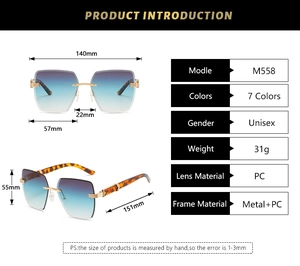 Detailed dimension guide for rimless square sunglasses with gradient lenses and leopard arms
