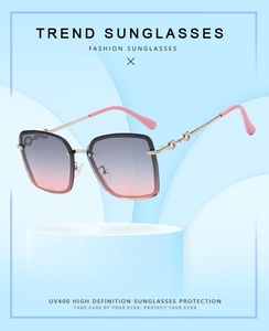 Detail of oversized rimless gradient lenses with UV400 protection and slim metal frame