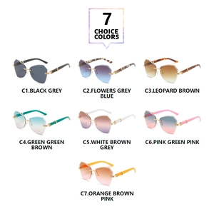 Collection of seven colorful rimless polygon sunglasses with unique gradient cut-edge lenses