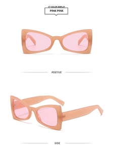 Detailed front and side views of oversized pink cat-eye sunglasses with gradient lenses