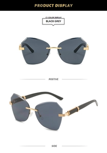Detailed front and side views of rimless polygon sunglasses with black grey lenses